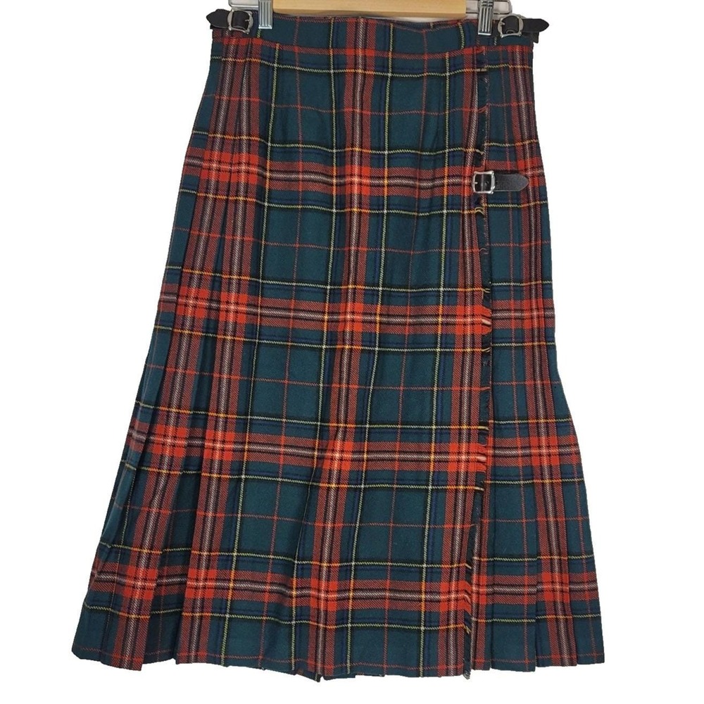 Scottish Tartan Kilt Skirt Womens 14 Green Red Wool Made in Scotland Costume
